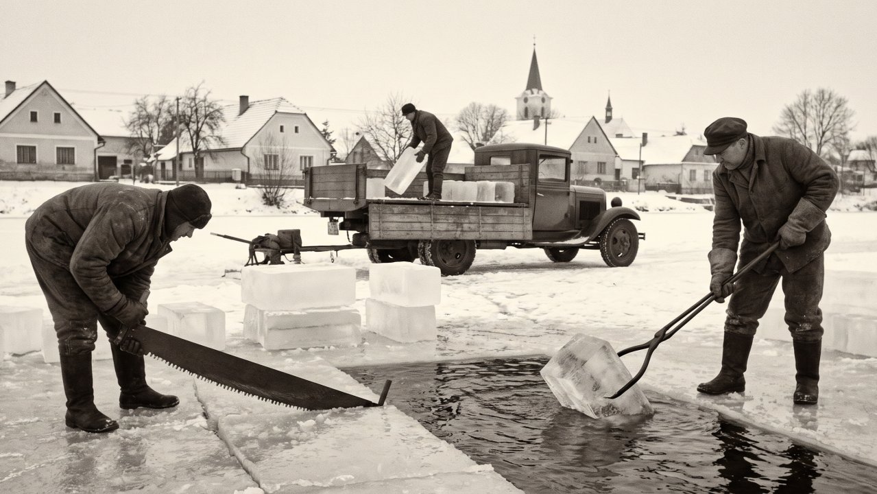 Cutting ice on a frozen river