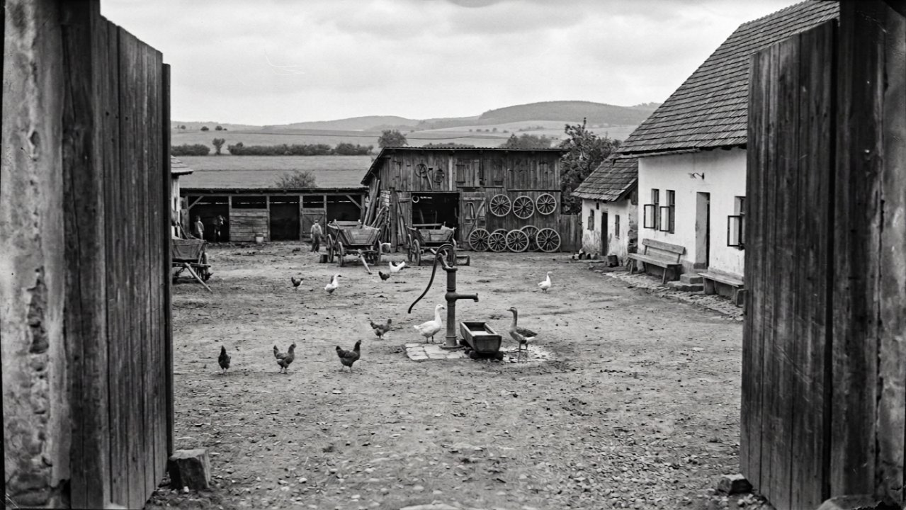 Grandfather’s farmyard with a well and poultry