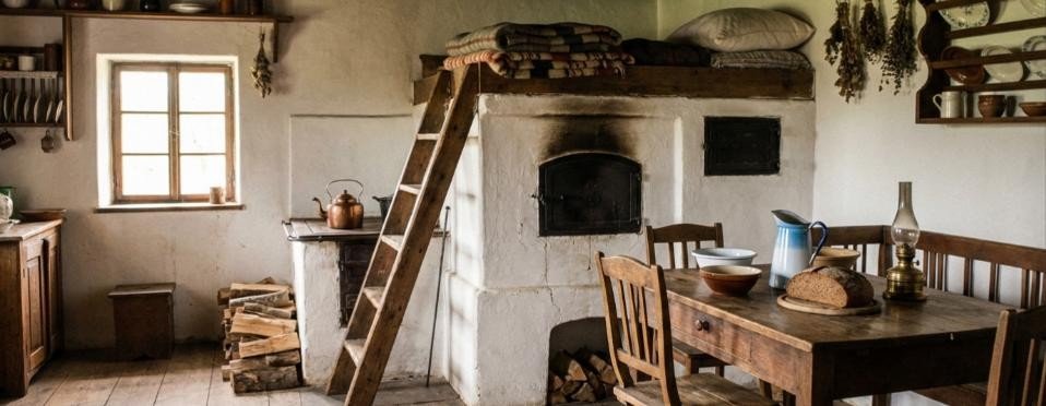 The room with the bread oven and the sleeping loft