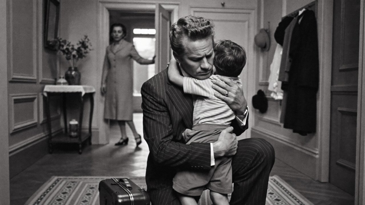 A father saying goodbye to his small son in the hallway