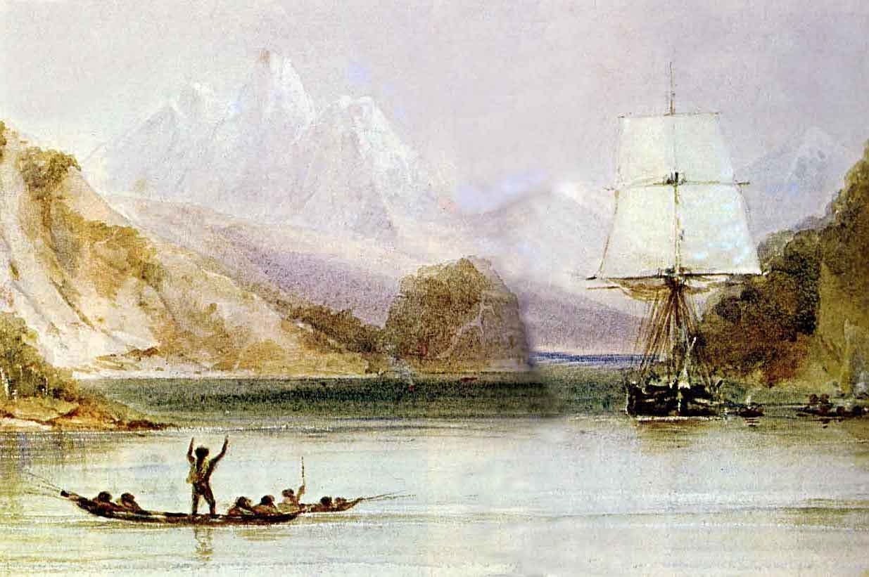 HMS Beagle under sail in a channel below snow-covered mountains, a native canoe on the water, watercolour by Conrad Martens