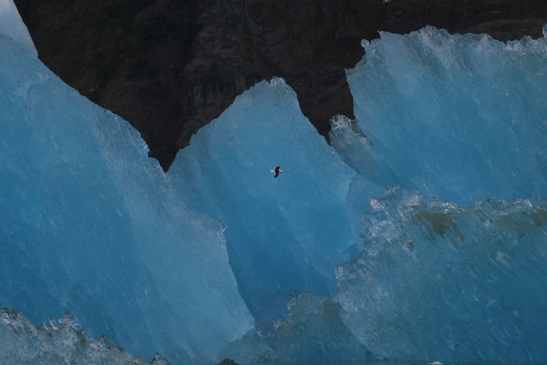 Blue ice of the hanging glacier up close