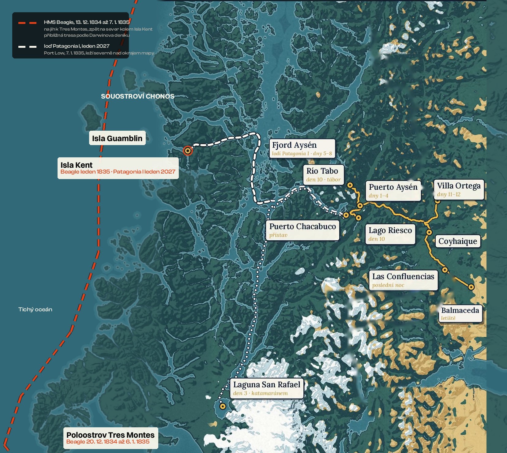 Mapa souostroví Chonos a poloostrova Tres Montes s přibližnou trasou lodi Beagle v letech 1834 až 1835 a trasou lodi Patagonia I v lednu 2027