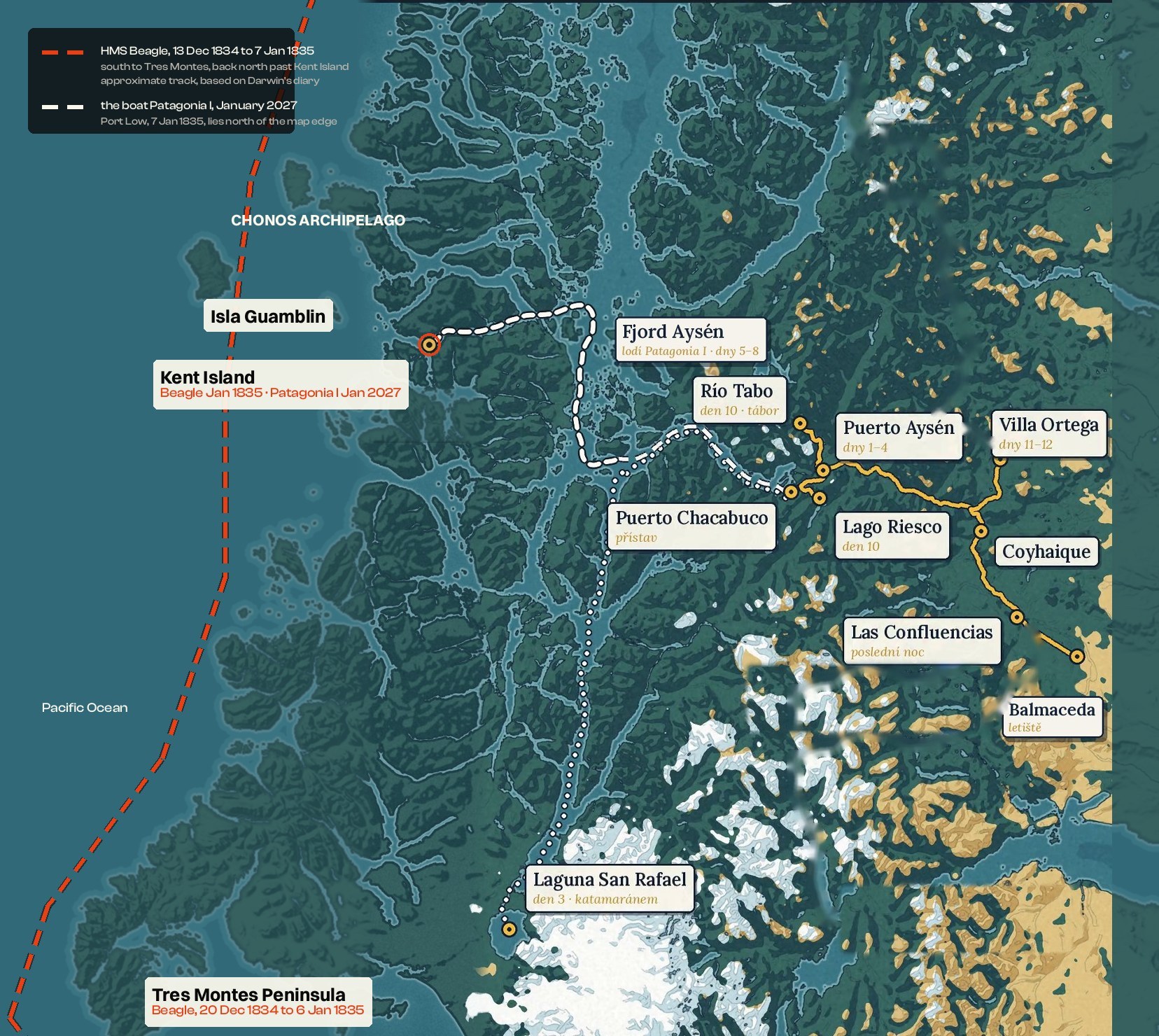 Map of the Chonos Archipelago and the Tres Montes Peninsula with the approximate track of the Beagle in 1834 to 1835 and the route of the Patagonia I in January 2027